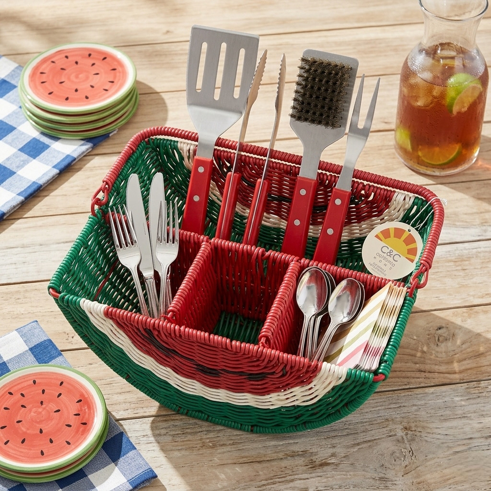 C&C California Home Watermelon Basket Picnic Caddy Utensil Organizer Summer Deco